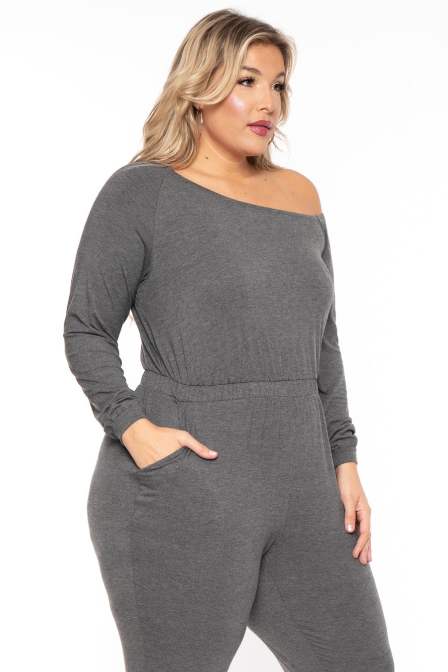 Jumpsuits & Rompers Curvy Sense | Plus Size Off The Shoulder Jumpsuit Charcoal