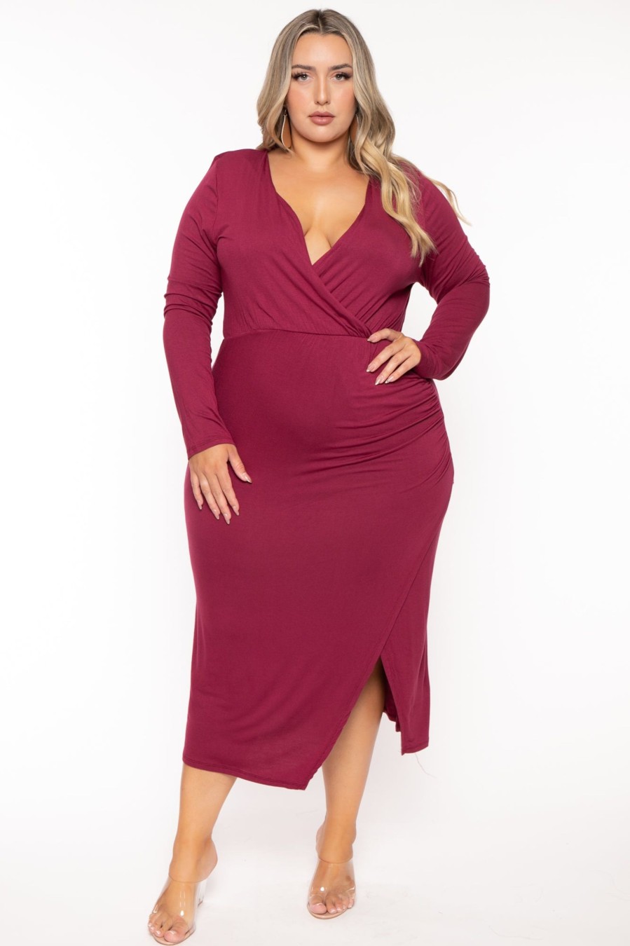 Dresses CULTURE CODE | Plus Size Christa Faux Wrap Midi Dress Burgundy