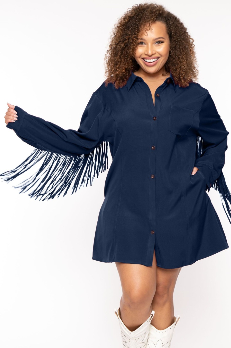 Dresses Jade By Jane | Plus Size Sonya Fringe Shirt Dress Navy