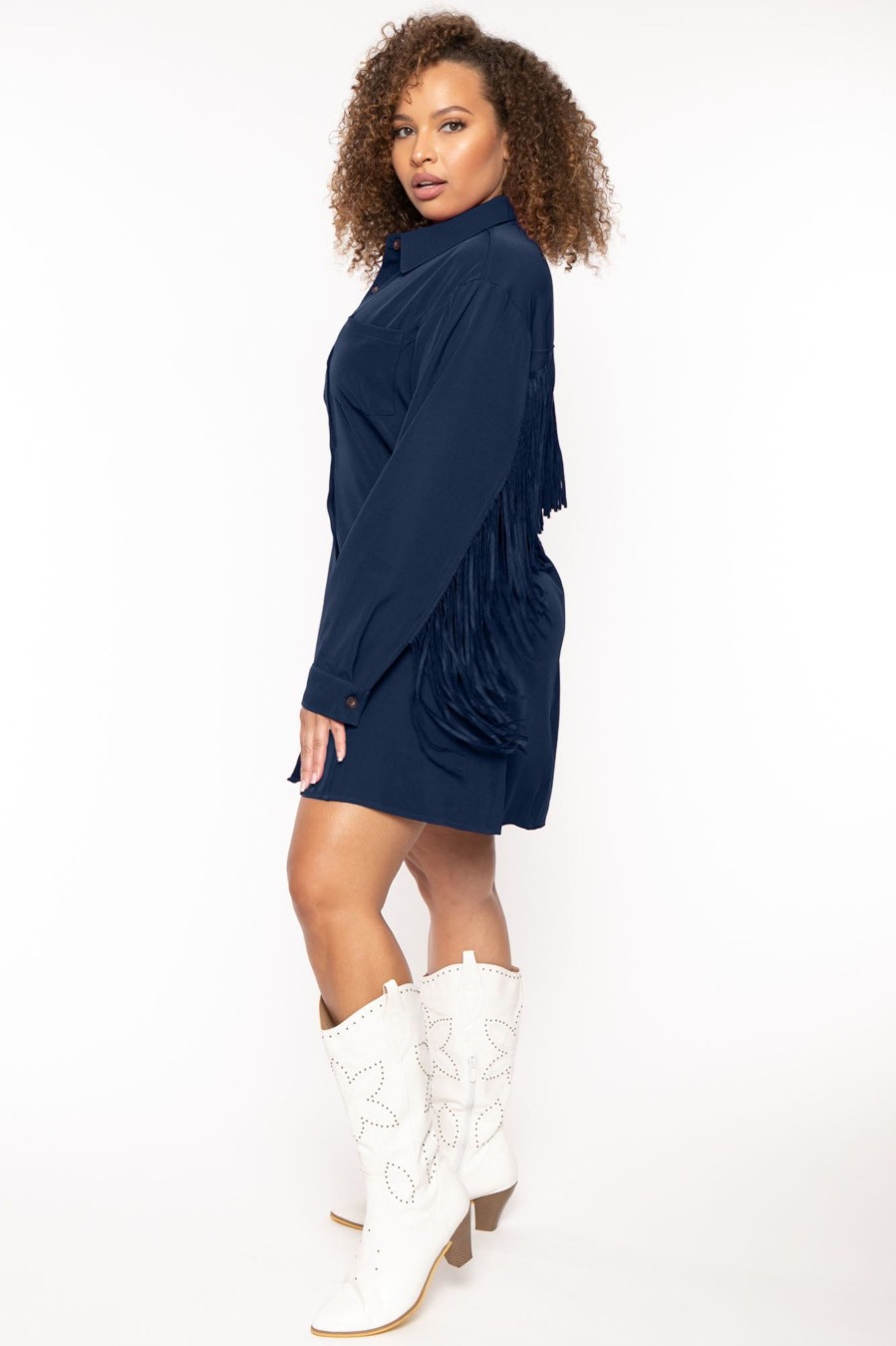 Dresses Jade By Jane | Plus Size Sonya Fringe Shirt Dress Navy