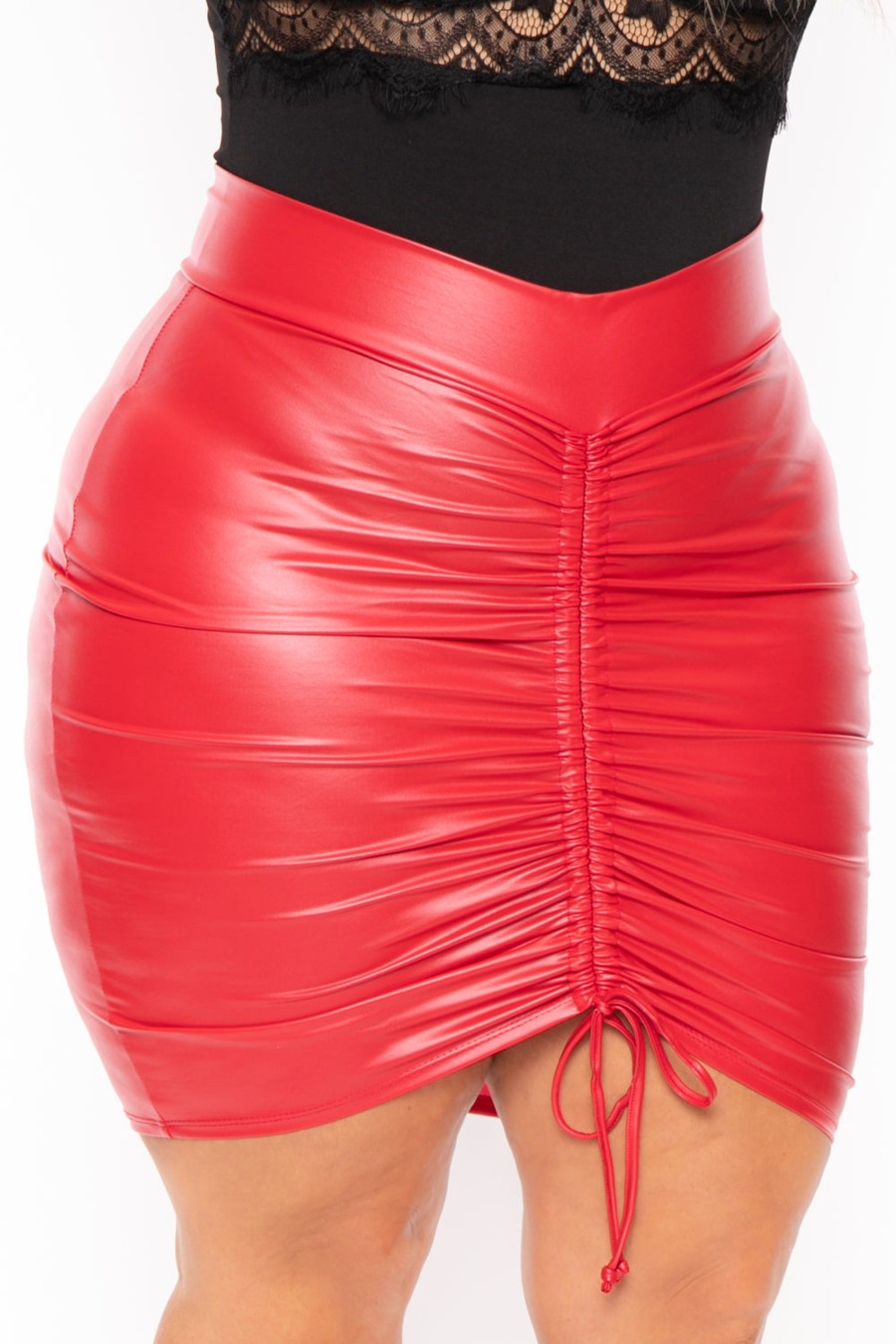 Bottoms D ROCK | Plus Size Faux Leather Drawstring Skirt Red