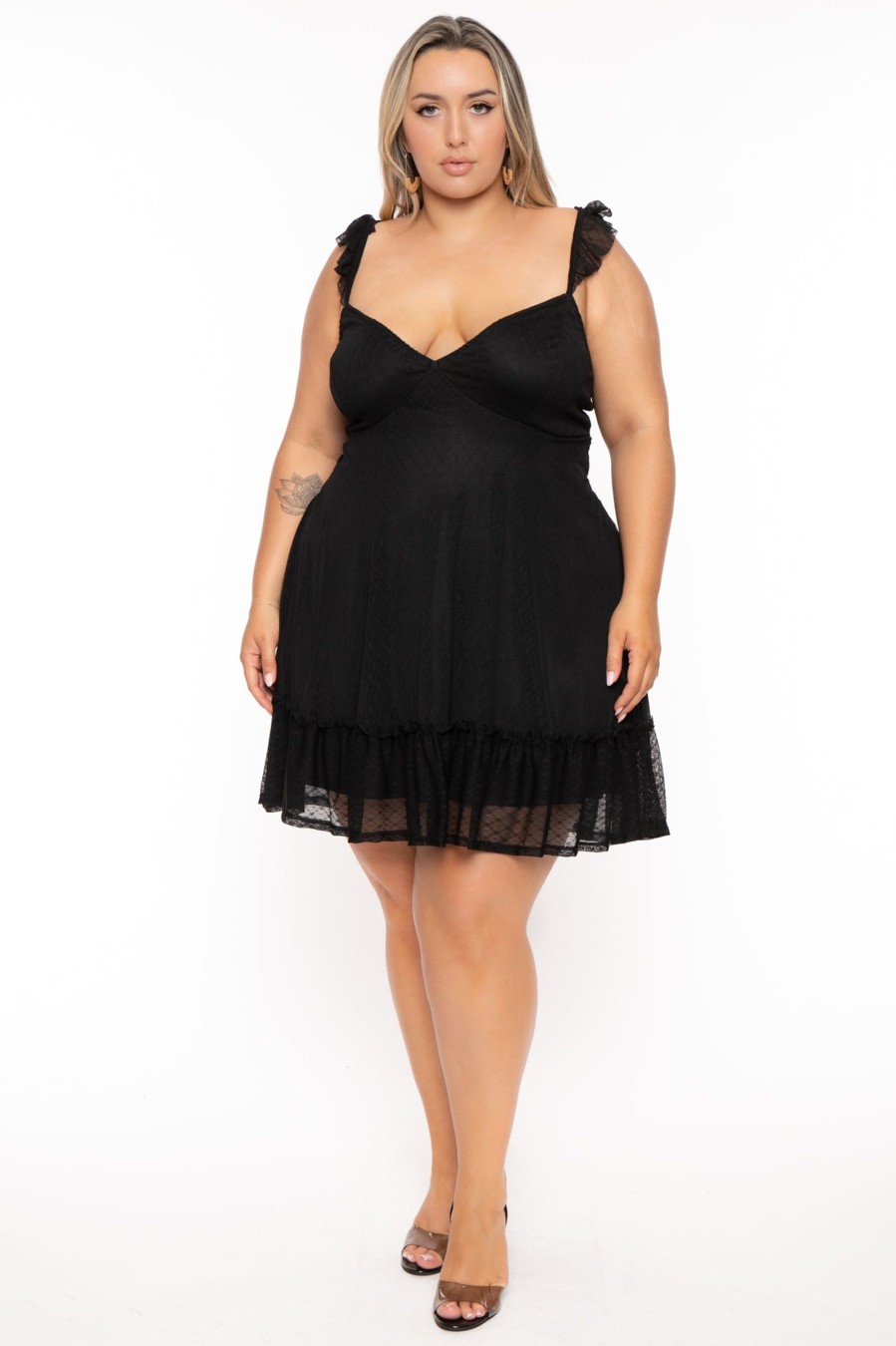 Little Black Styles Curvy Sense | Plus Size Nellie Lace Mesh Ruffle Flare Dress Black