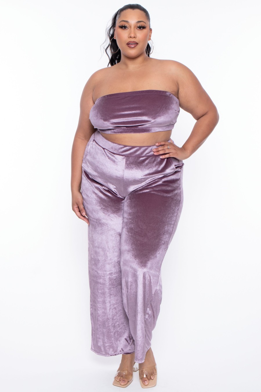 Matching Sets Curvy Sense | Plus Size Eloise Velour Bandeau U0026 Pant Set Mauve