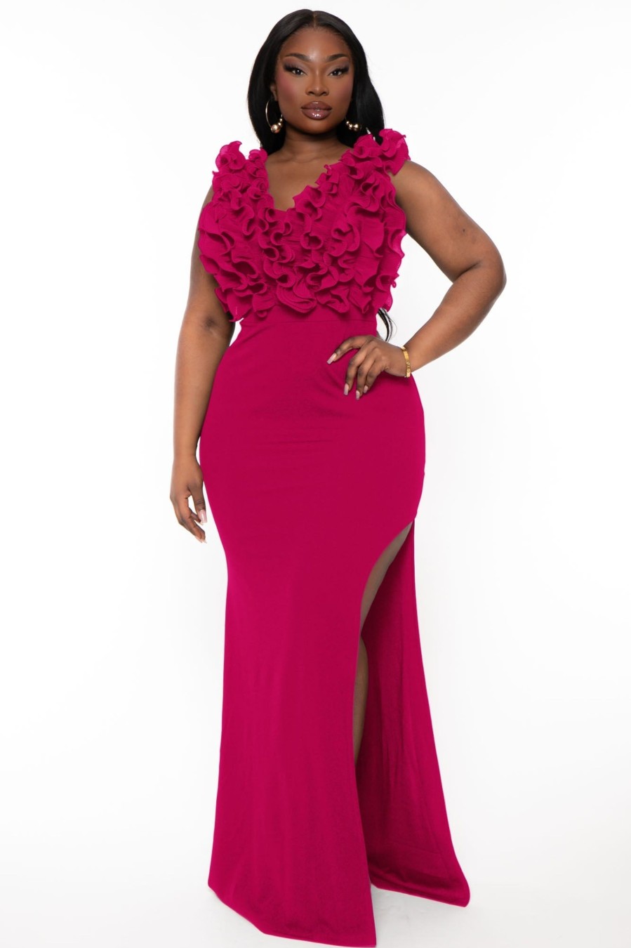 Dresses Symphony | Plus Size Bethany Ruffled Top Dress Magenta