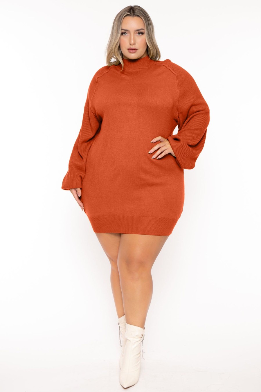 Dresses Jade by Jane | Plus Size Nakia Mock Neck Sweater Dress Rust