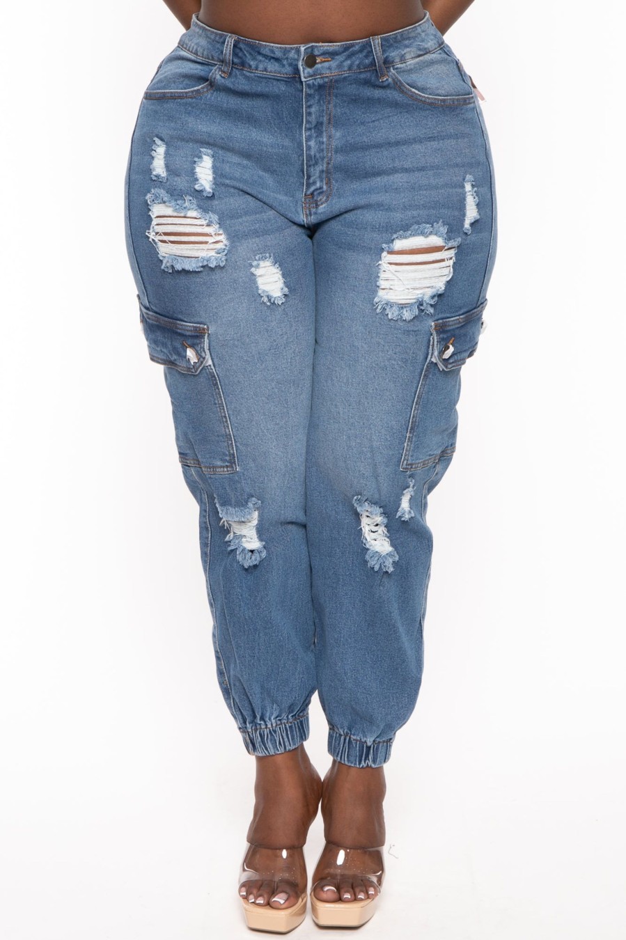 Jeans & Denim American Bazi | Plus Size High Waist Distressed Cargo Jogger Blue