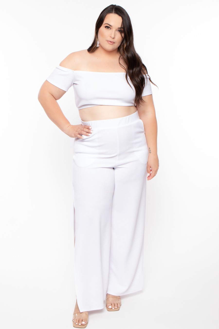 Matching Sets Curvy Sense | Plus Size Andrea Crop Top And Flare Pants Set White