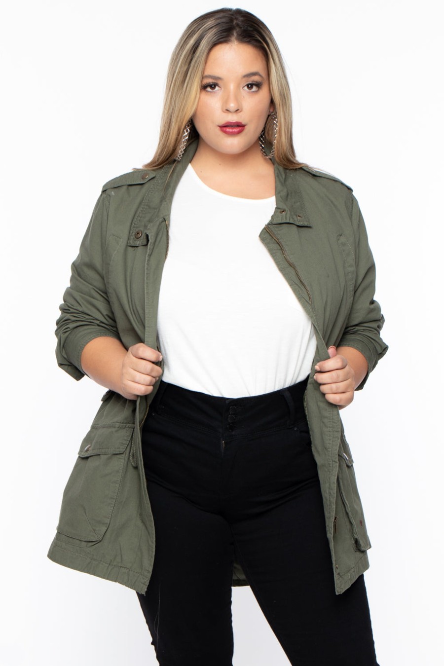 Outerwear Ambiance | Plus Size Drawstring Utility Jacket Olive