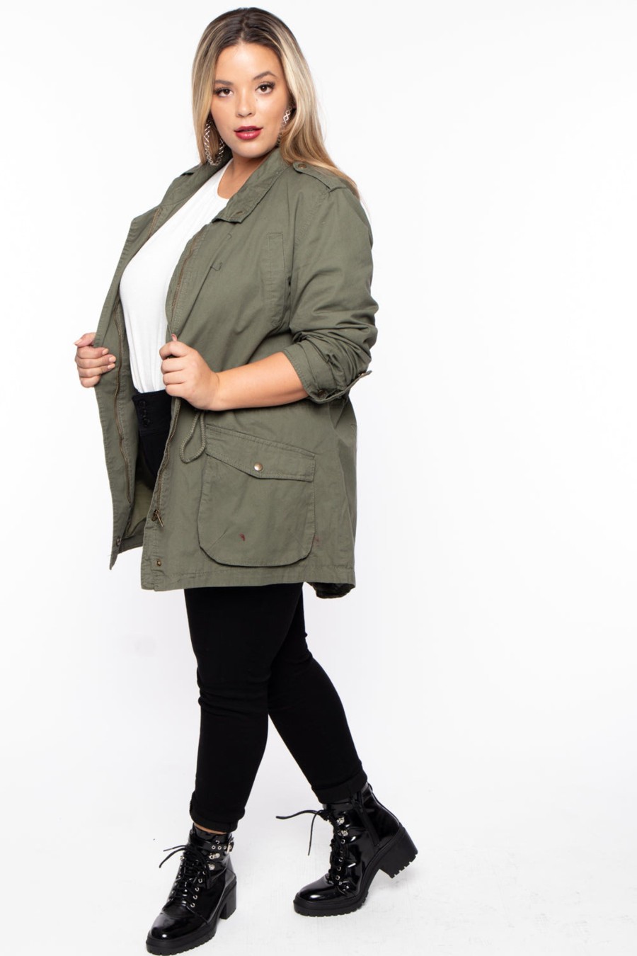 Outerwear Ambiance | Plus Size Drawstring Utility Jacket Olive