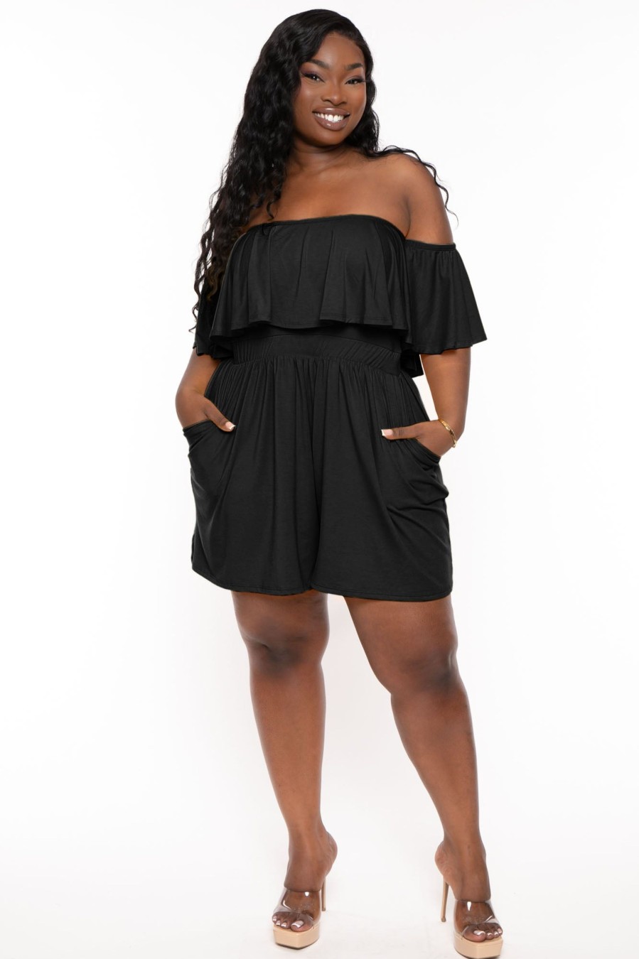 Jumpsuits & Rompers Curvy Sense | Plus Size Afina Off The Shoulder Romper Black