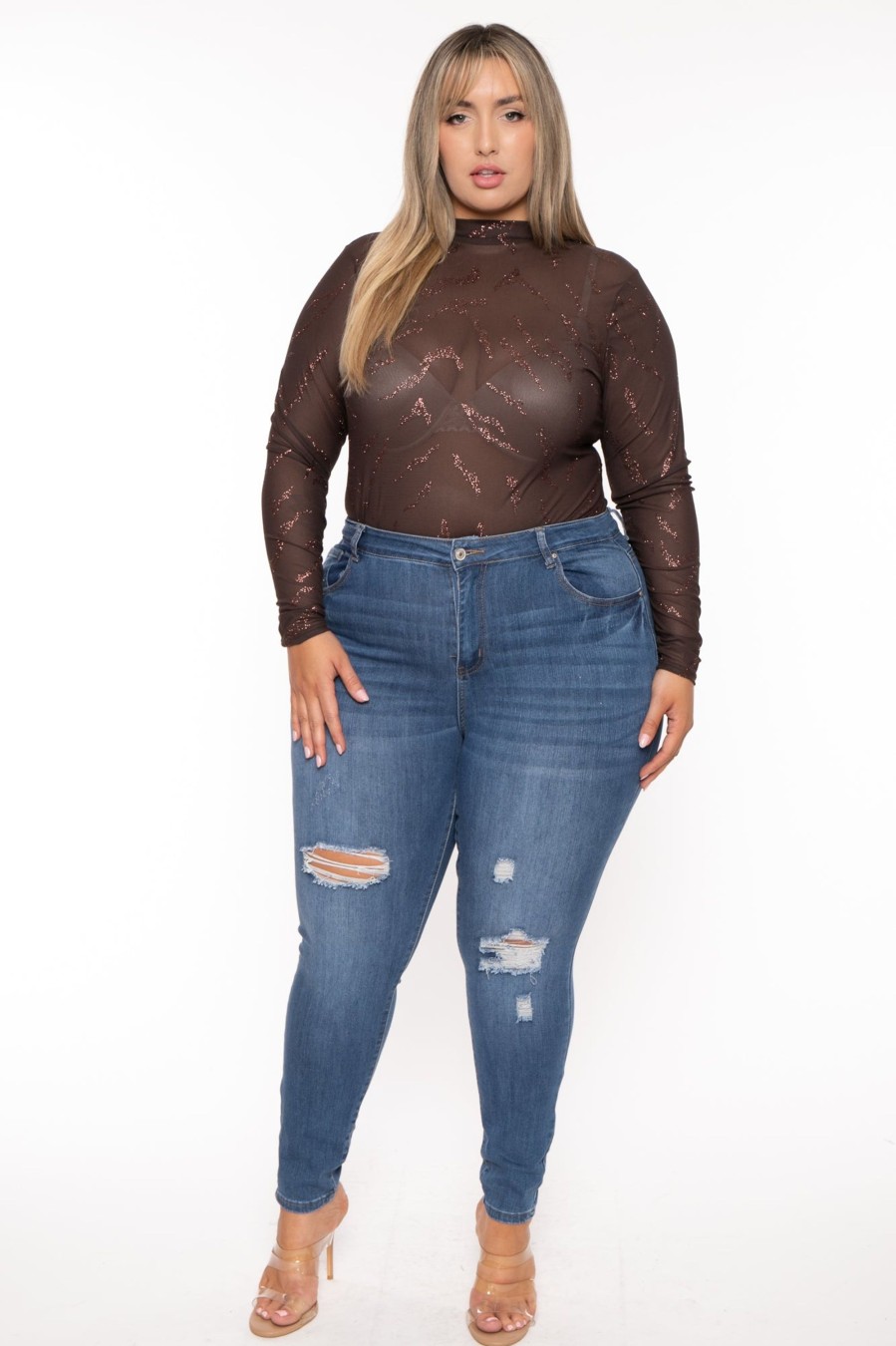 Tops Curvy Sense | Plus Size Gail Glitter Mesh Bodysuit Brown