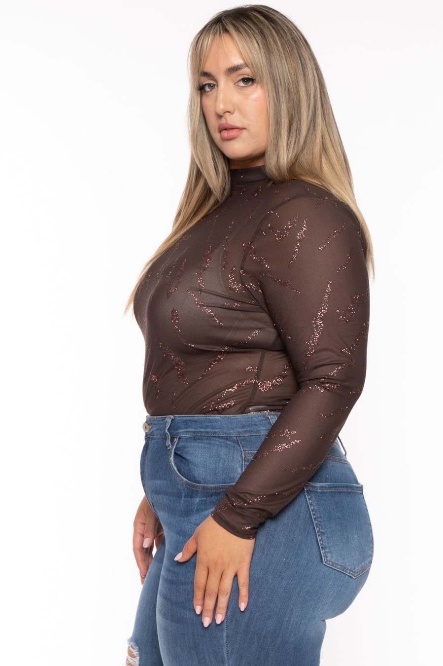 Tops Curvy Sense | Plus Size Gail Glitter Mesh Bodysuit Brown