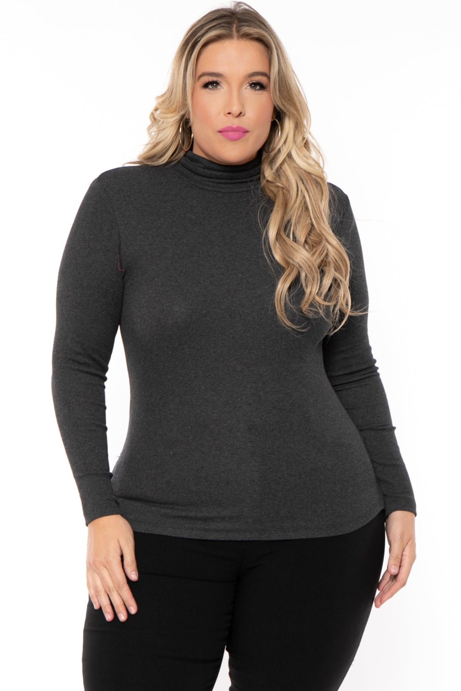 Tops Ambiance | Plus Size Ribbed Turtleneck Top Charcoal