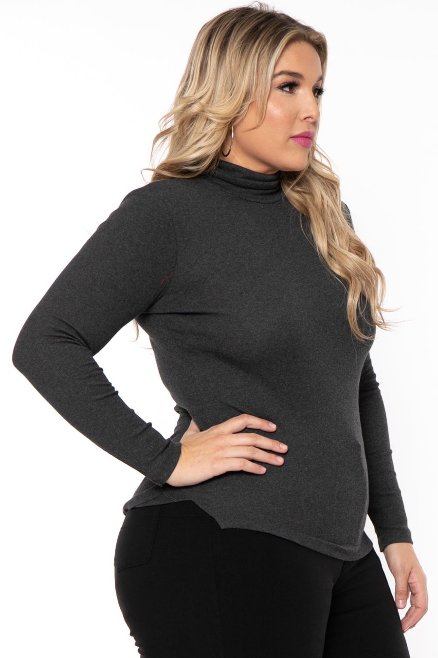 Tops Ambiance | Plus Size Ribbed Turtleneck Top Charcoal