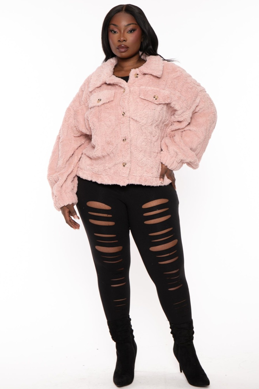 Outerwear Very J | Plus Size Faux-Sherpa Fleece Jacket Blush