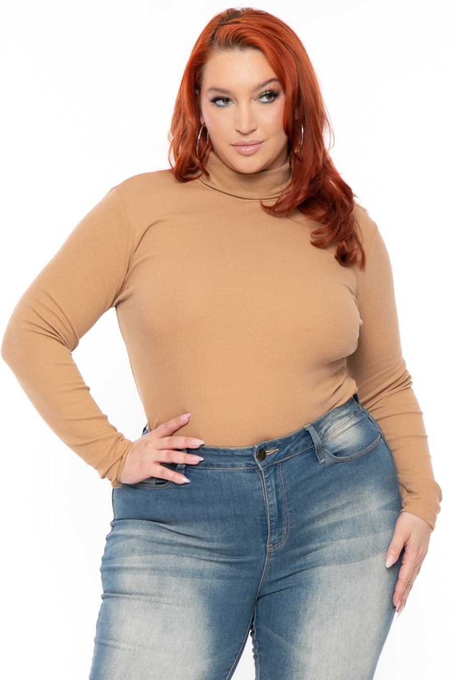 Tops Ambiance | Plus Size Ribbed Turtleneck Top Camel