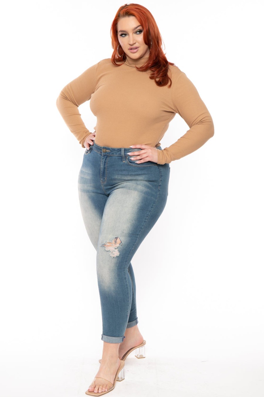 Tops Ambiance | Plus Size Ribbed Turtleneck Top Camel