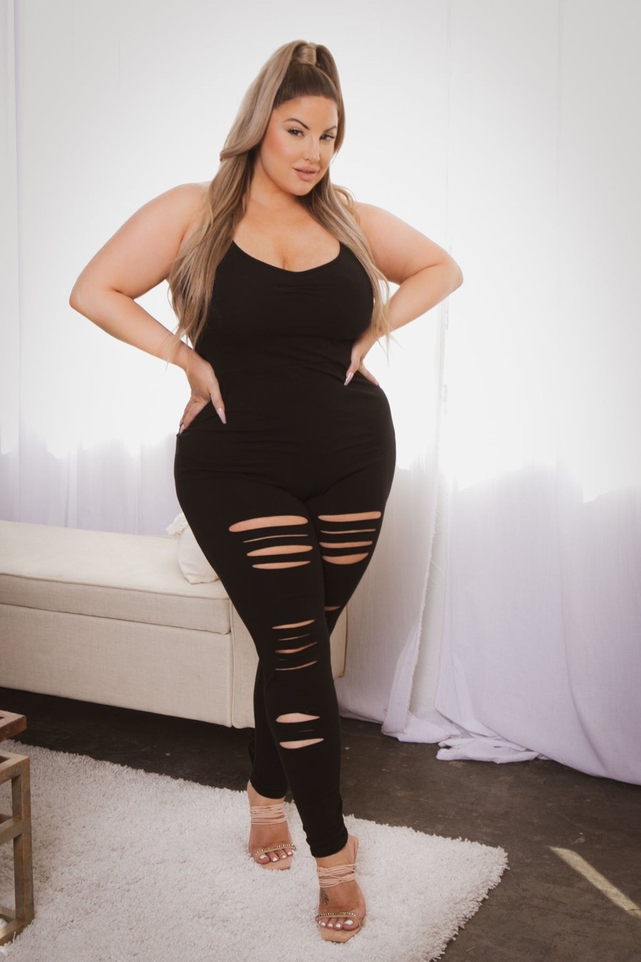 Little Black Styles Curvy Sense | Plus Size Lola 2.0 Destroyed Jumpsuit Black