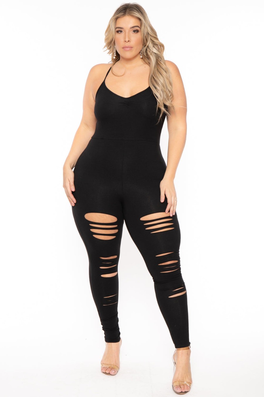 Little Black Styles Curvy Sense | Plus Size Lola 2.0 Destroyed Jumpsuit Black