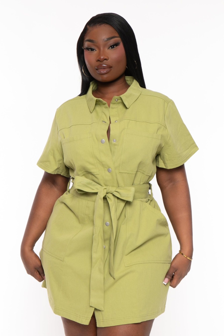 Dresses Jade by Jane | Plus Size Denim Keara Belted Mini Dress Green