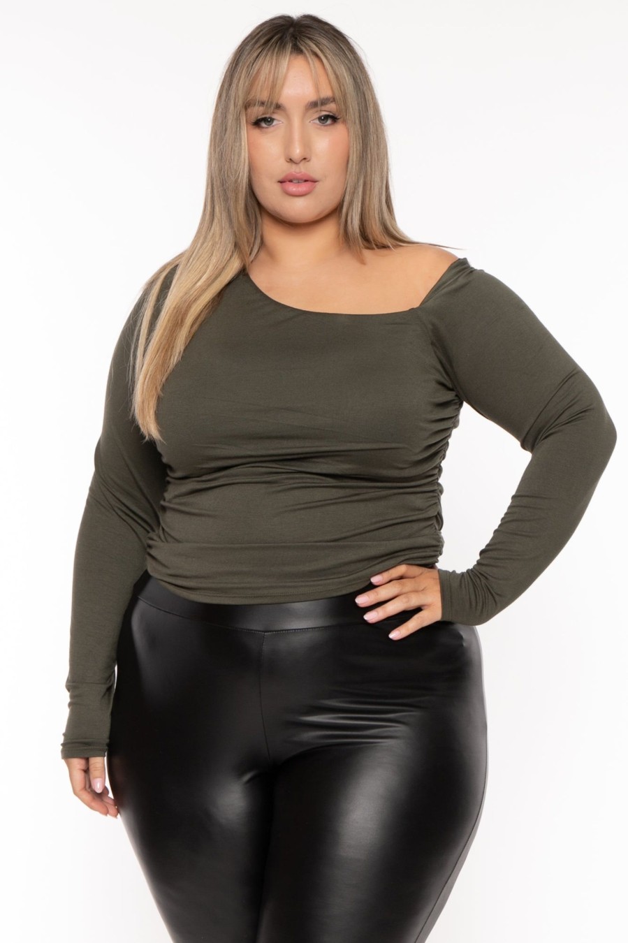 Tops Curvy Sense | Plus Size Delia Rouched Top Olive