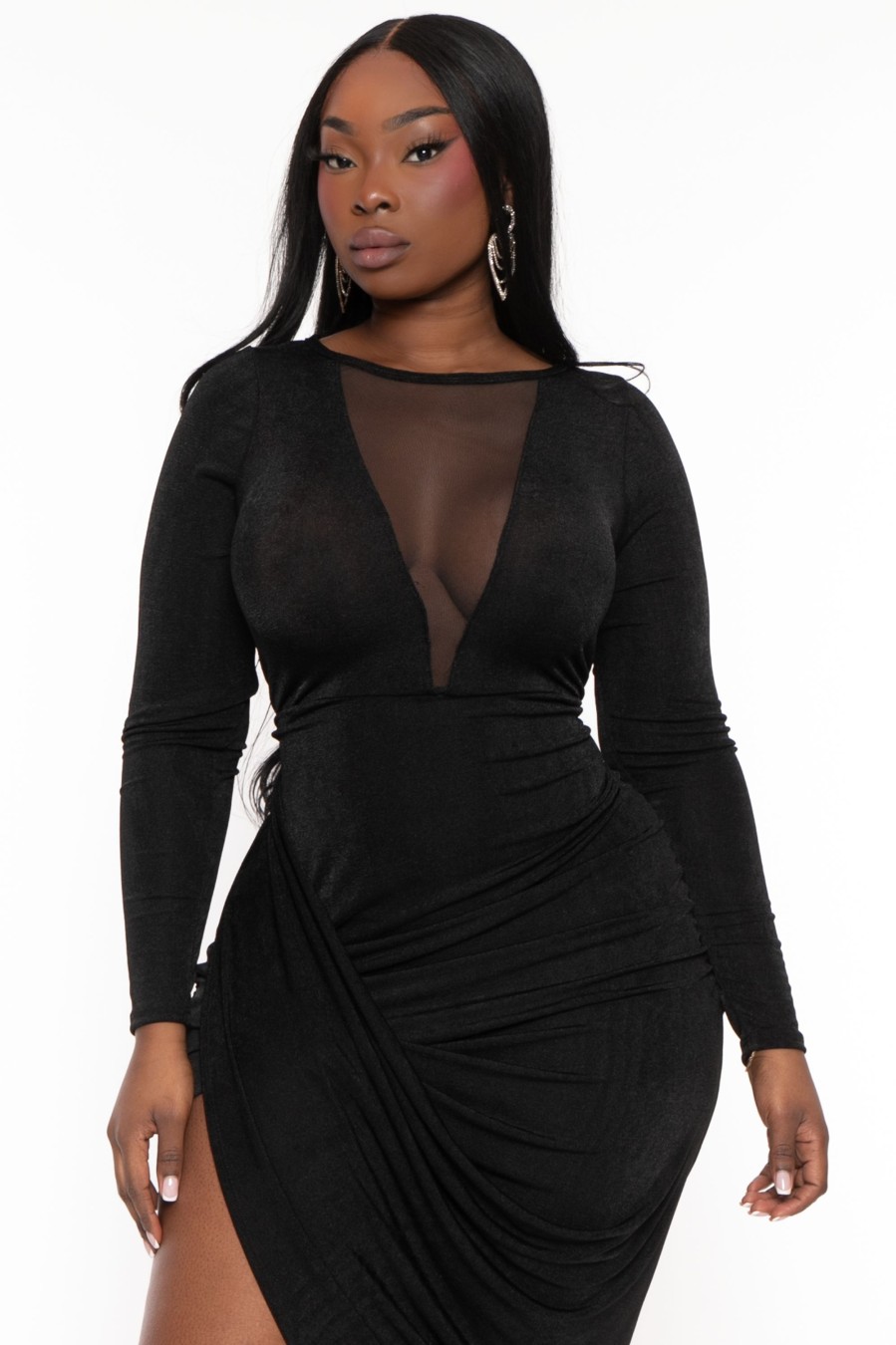 Dresses Curvy Sense | Plus Size Maia Draped Midi Dress Black