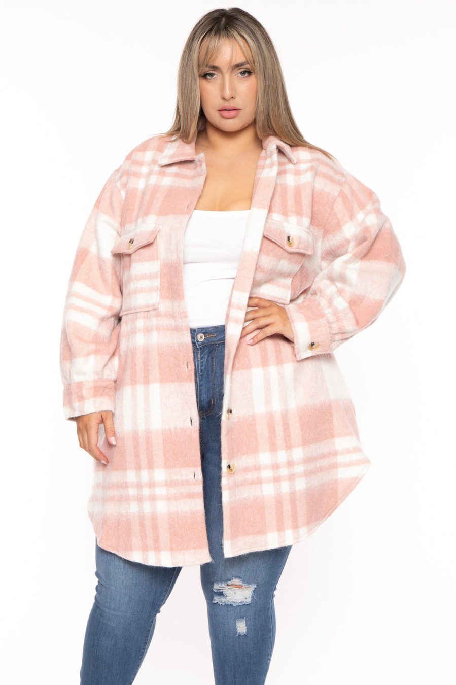 Outerwear GEE GEE | Plus Size Plaid Long Jacket Blush