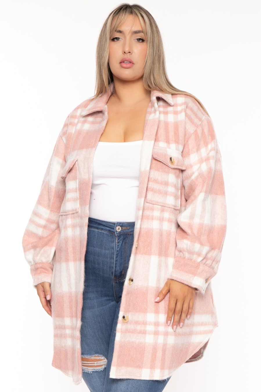 Outerwear GEE GEE | Plus Size Plaid Long Jacket Blush