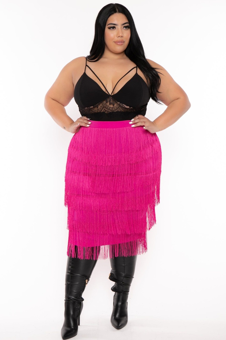 Bottoms CHICCTHY TOP | Plus Size Nyra Fringe Midi Skirt Pink