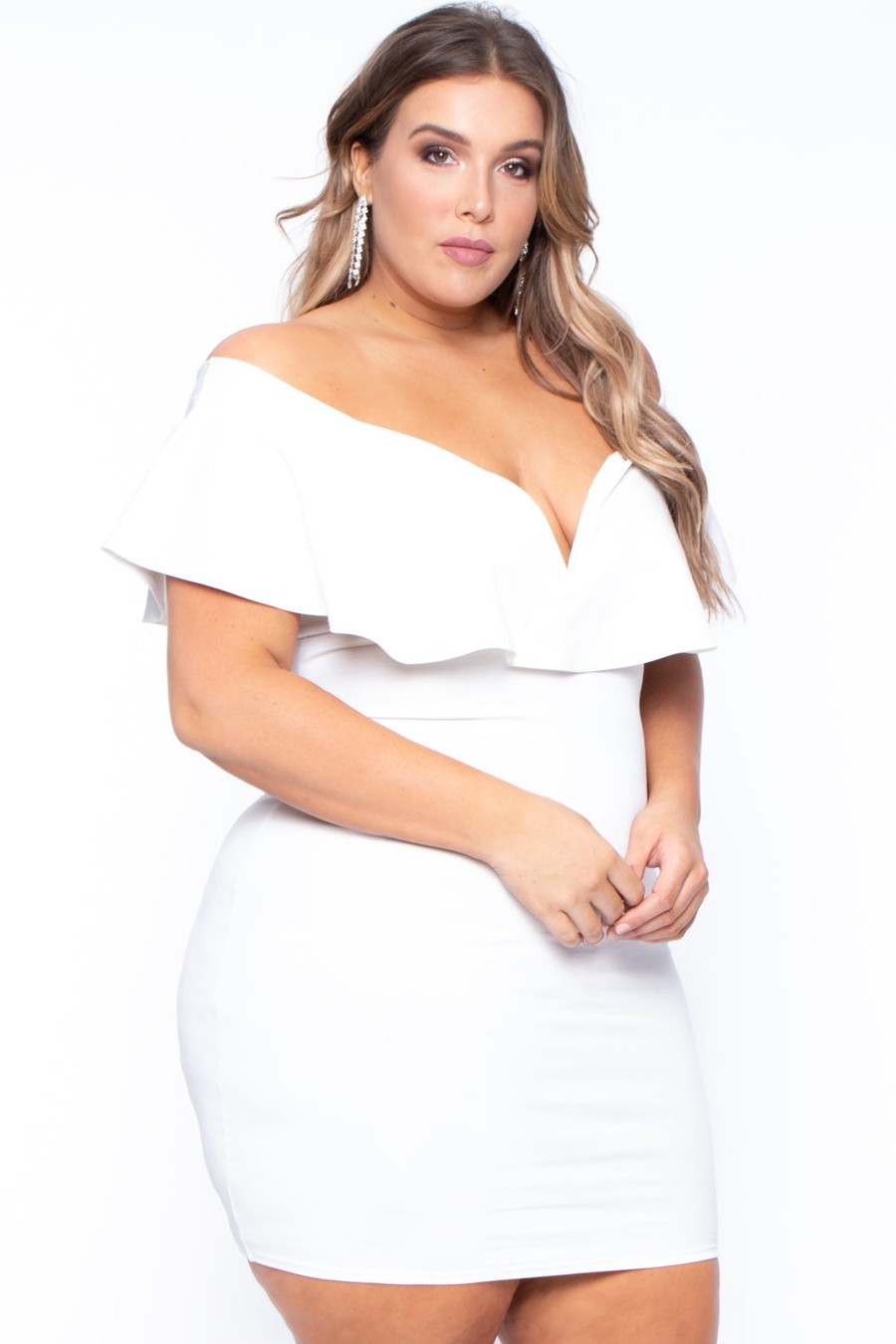 Dresses Curvy Sense | Plus Size Frill Bodycon Dress Ivory