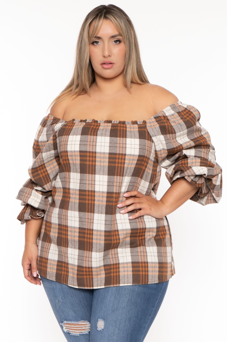 Tops GEE GEE | Plus Size Plaid Peasant Top - Brown Rust