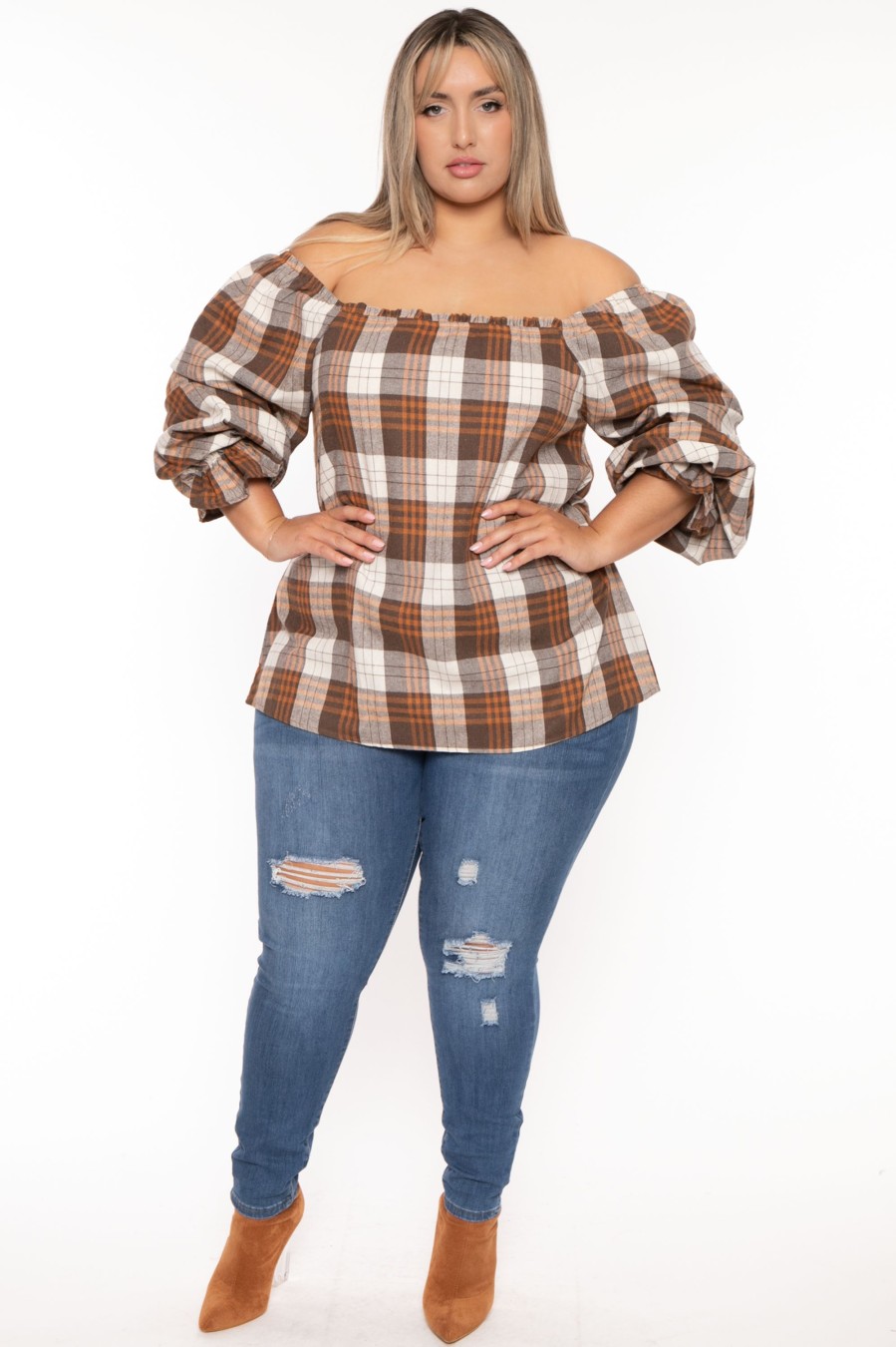 Tops GEE GEE | Plus Size Plaid Peasant Top - Brown Rust