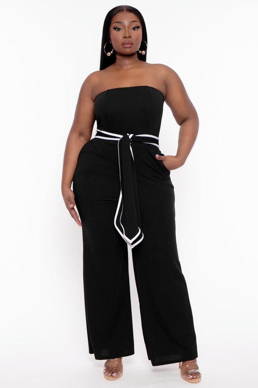 Jumpsuits & Rompers Curvy Sense | Plus Size Larisa Front Tie Jumpsuit Black