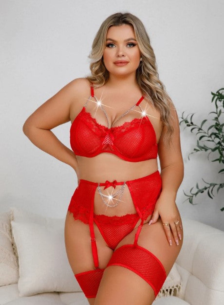 Intimates China | Plus Size Mesh Delight 4 Piece Lace Lingerie Set Red