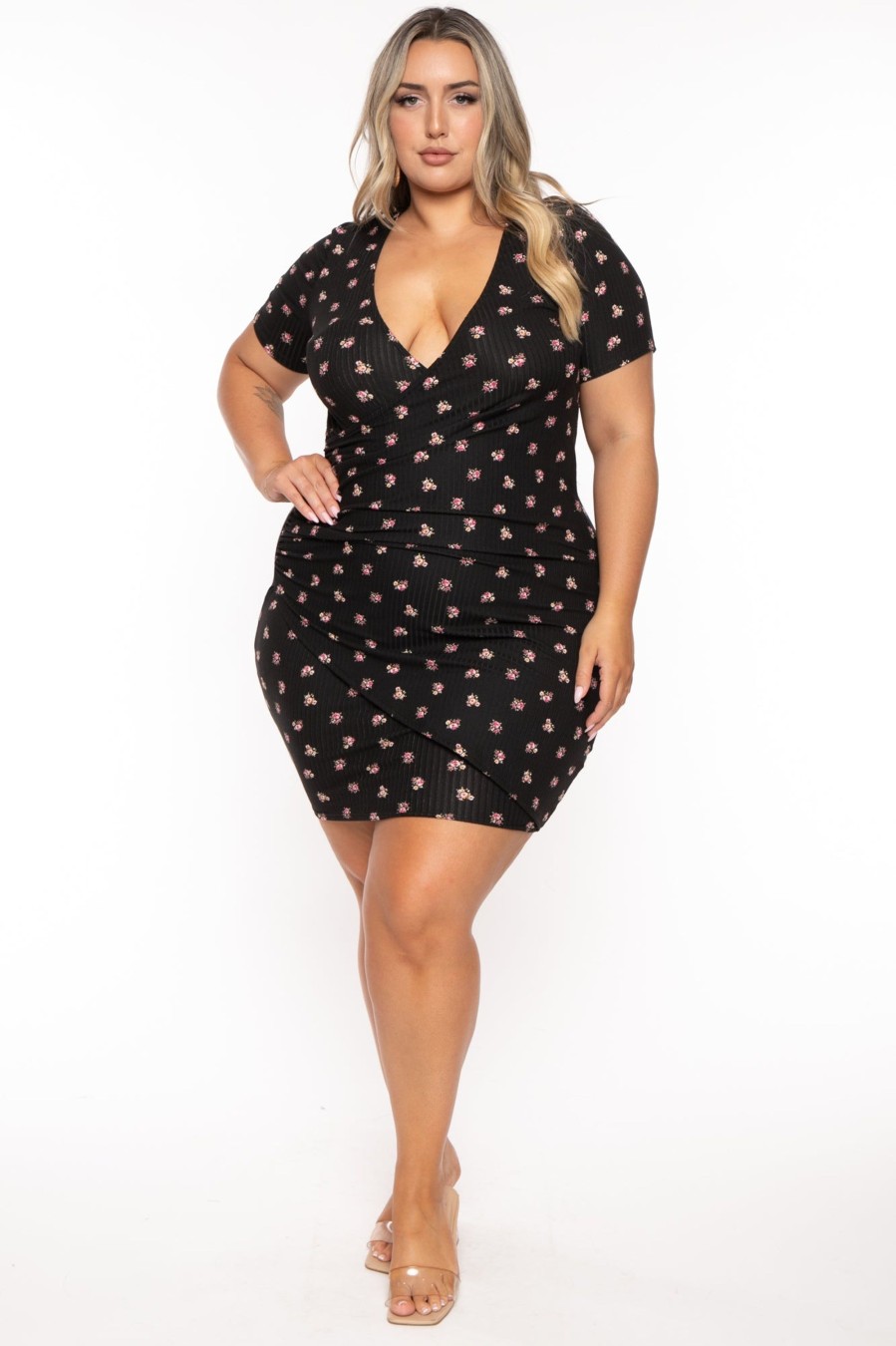 Little Black Styles Curvy Sense | Plus Size Risette Front Drape Printed Dress Black