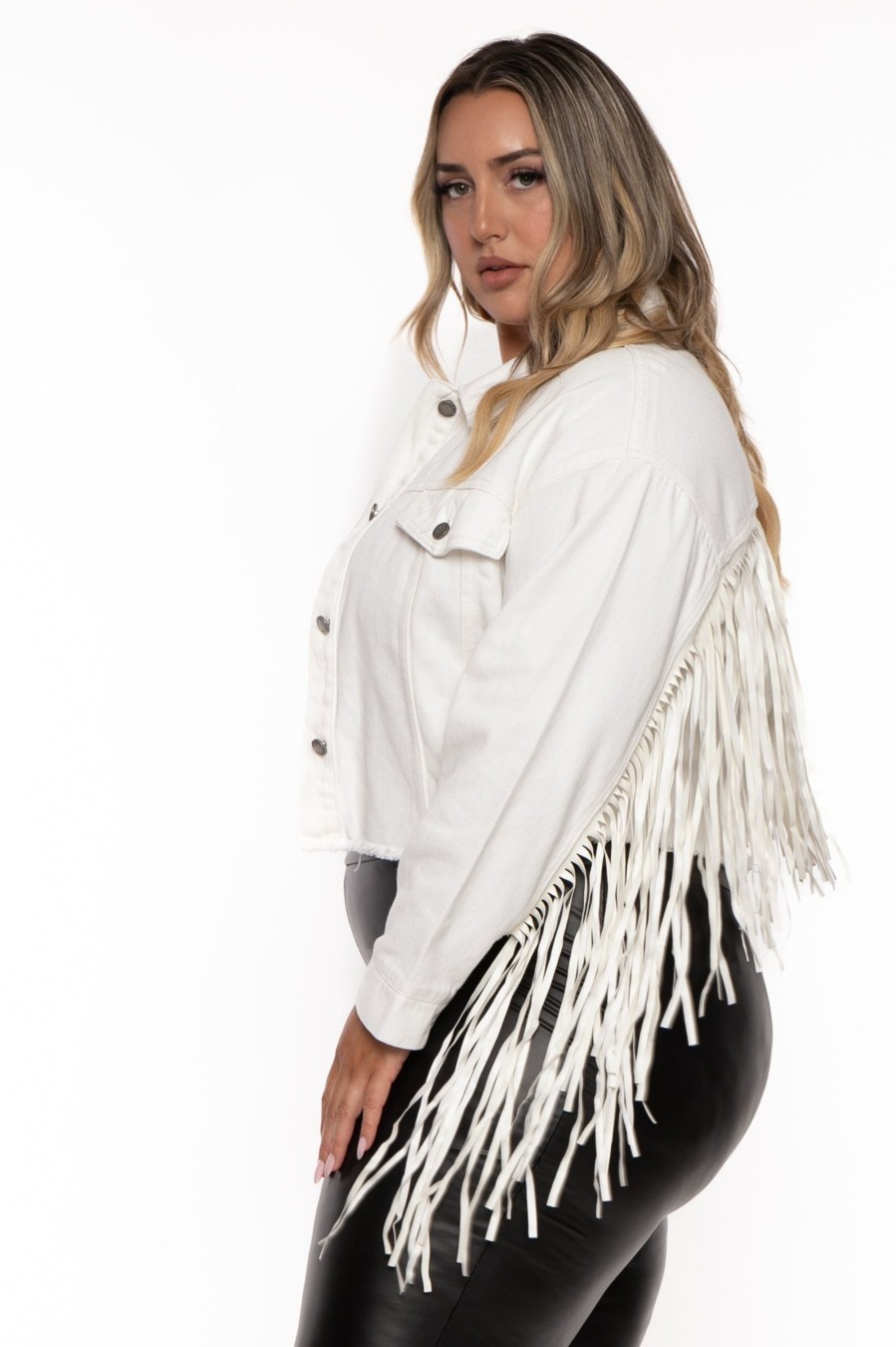 Jeans & Denim Veveret | Plus Size Oli Crop Fringe Denim Jacket White