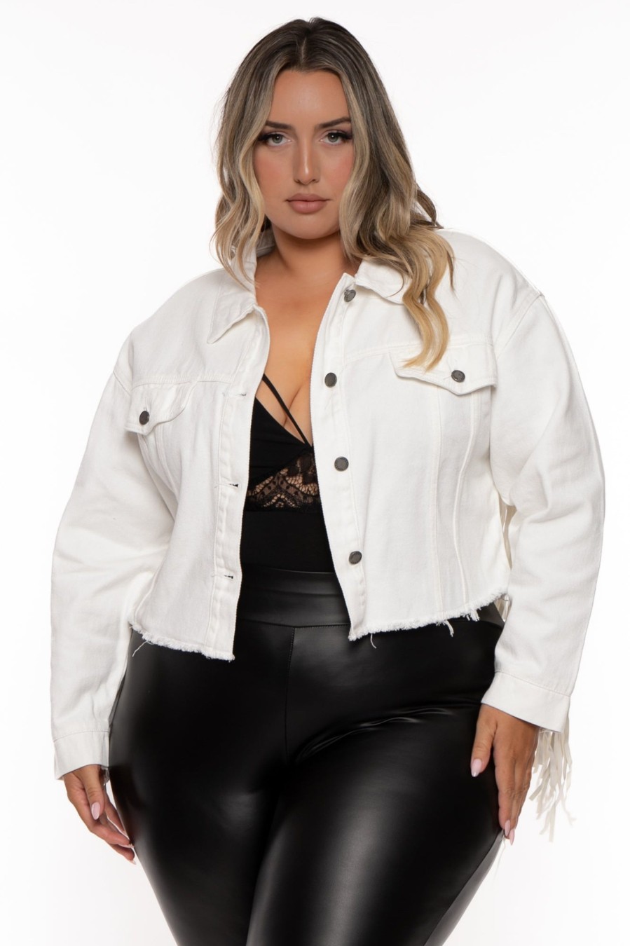 Jeans & Denim Veveret | Plus Size Oli Crop Fringe Denim Jacket White