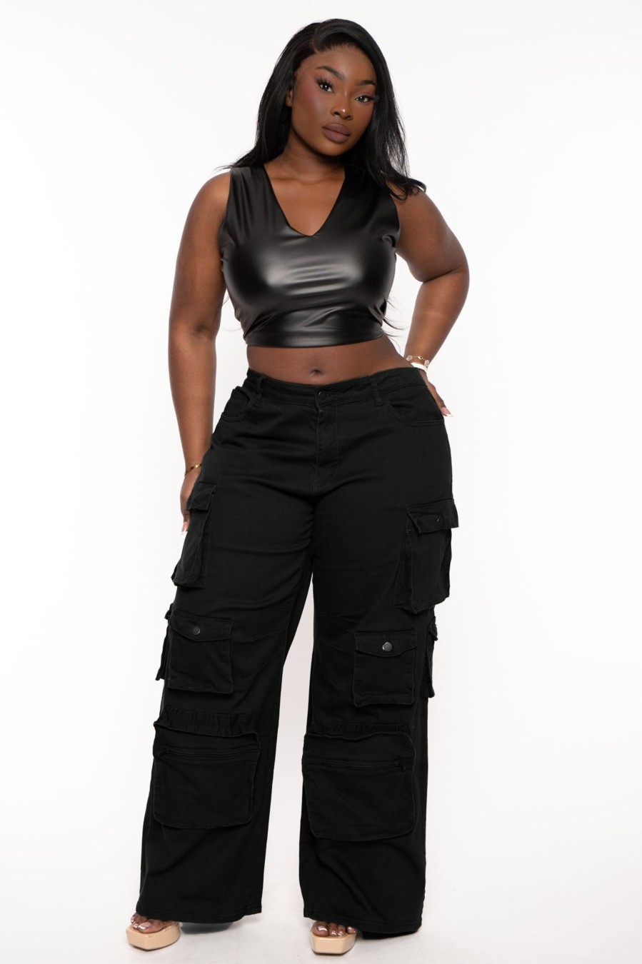 Bottoms American Bazi | Plus Size High Rise Utility Pockets Pants Black