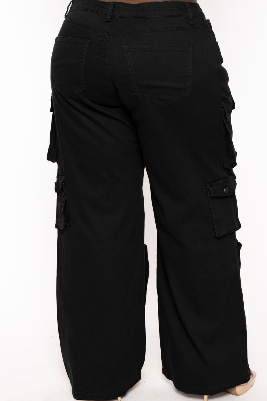 Bottoms American Bazi | Plus Size High Rise Utility Pockets Pants Black