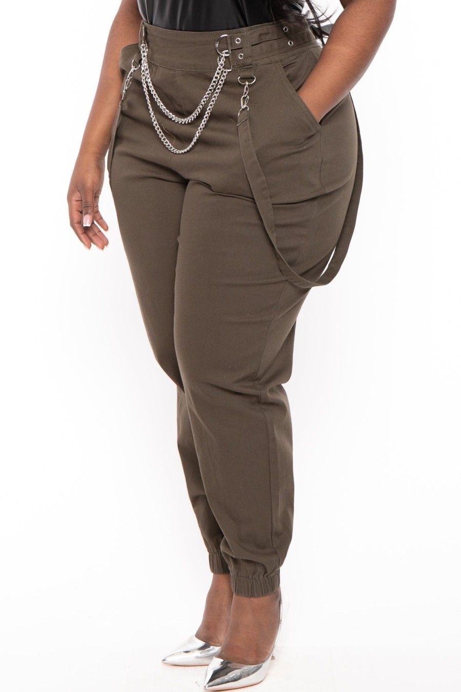 Jeans & Denim American Bazi | Plus Size High Rise Suspender Jogger Olive