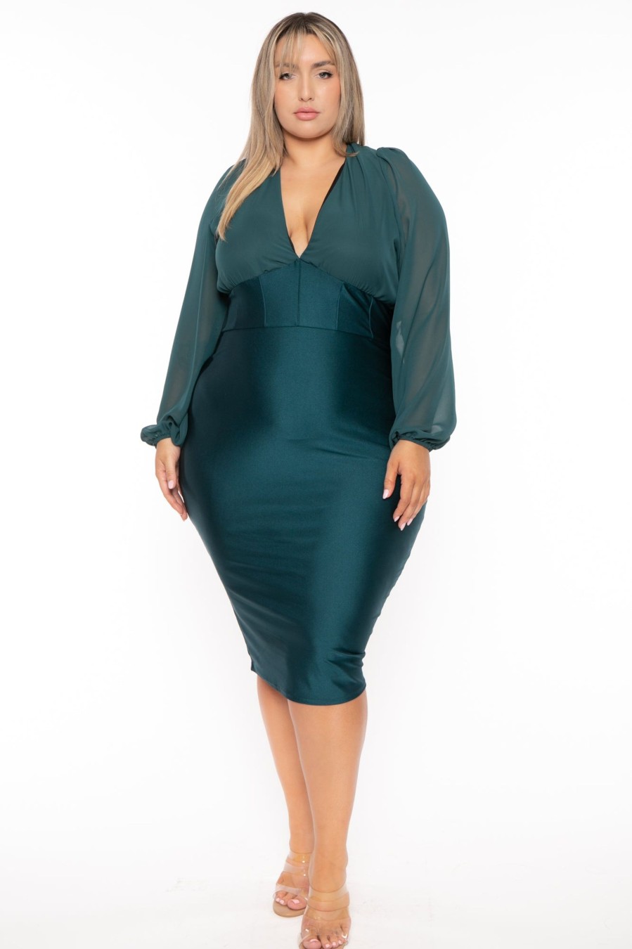 Dresses Curvy Sense | Plus Size Priya Chiffon Midi Dress Green