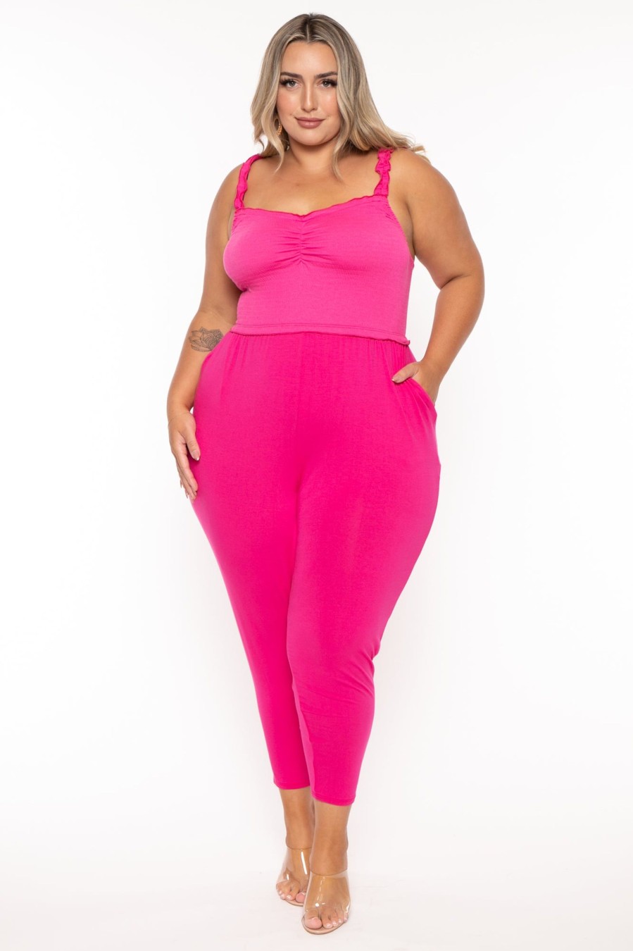 Jumpsuits & Rompers Curvy Sense | Plus Size Chelly Smocked Jumpsuit Fuchsia