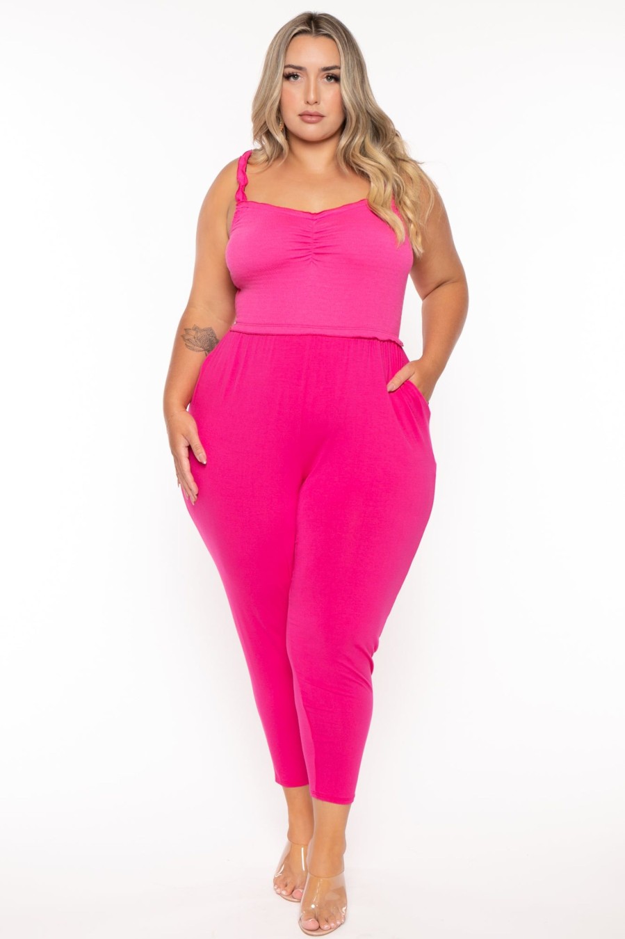 Jumpsuits & Rompers Curvy Sense | Plus Size Chelly Smocked Jumpsuit Fuchsia