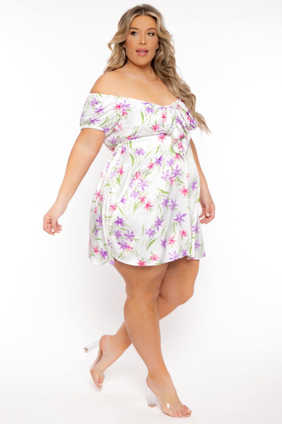 Dresses Curvy Sense | Plus Size Evianna Printed Satin Dress White