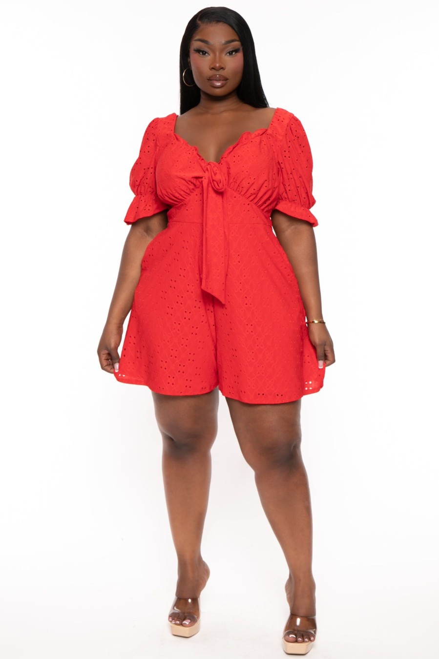 Jumpsuits & Rompers Curvy Sense | Plus Size Jenni Eyelet Romper Red