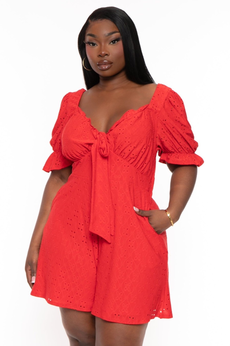 Jumpsuits & Rompers Curvy Sense | Plus Size Jenni Eyelet Romper Red