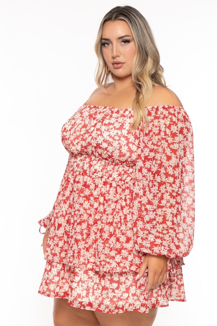 Dresses Curvy Sense | Plus Size Olene Chiffon Printed Dress Red