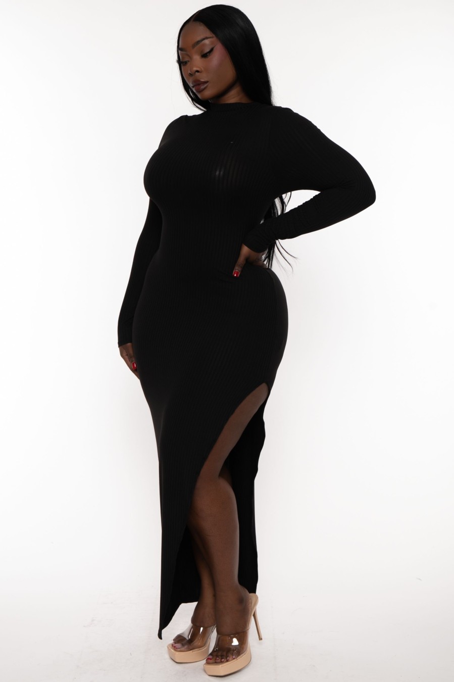 Dresses Curvy Sense | Plus Size Asiah Ribbed Maxi Dress Black