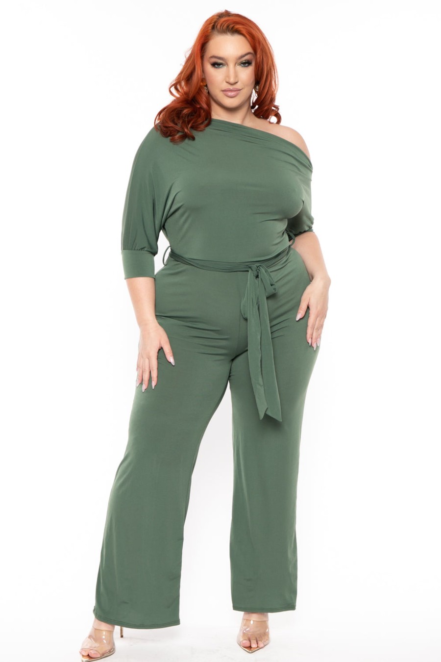 Jumpsuits & Rompers JANNET PLUS | Plus Size Adina Off Shoulder Jumpsuit Olive