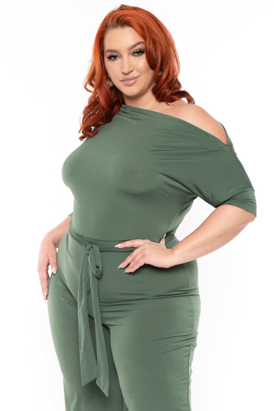 Jumpsuits & Rompers JANNET PLUS | Plus Size Adina Off Shoulder Jumpsuit Olive